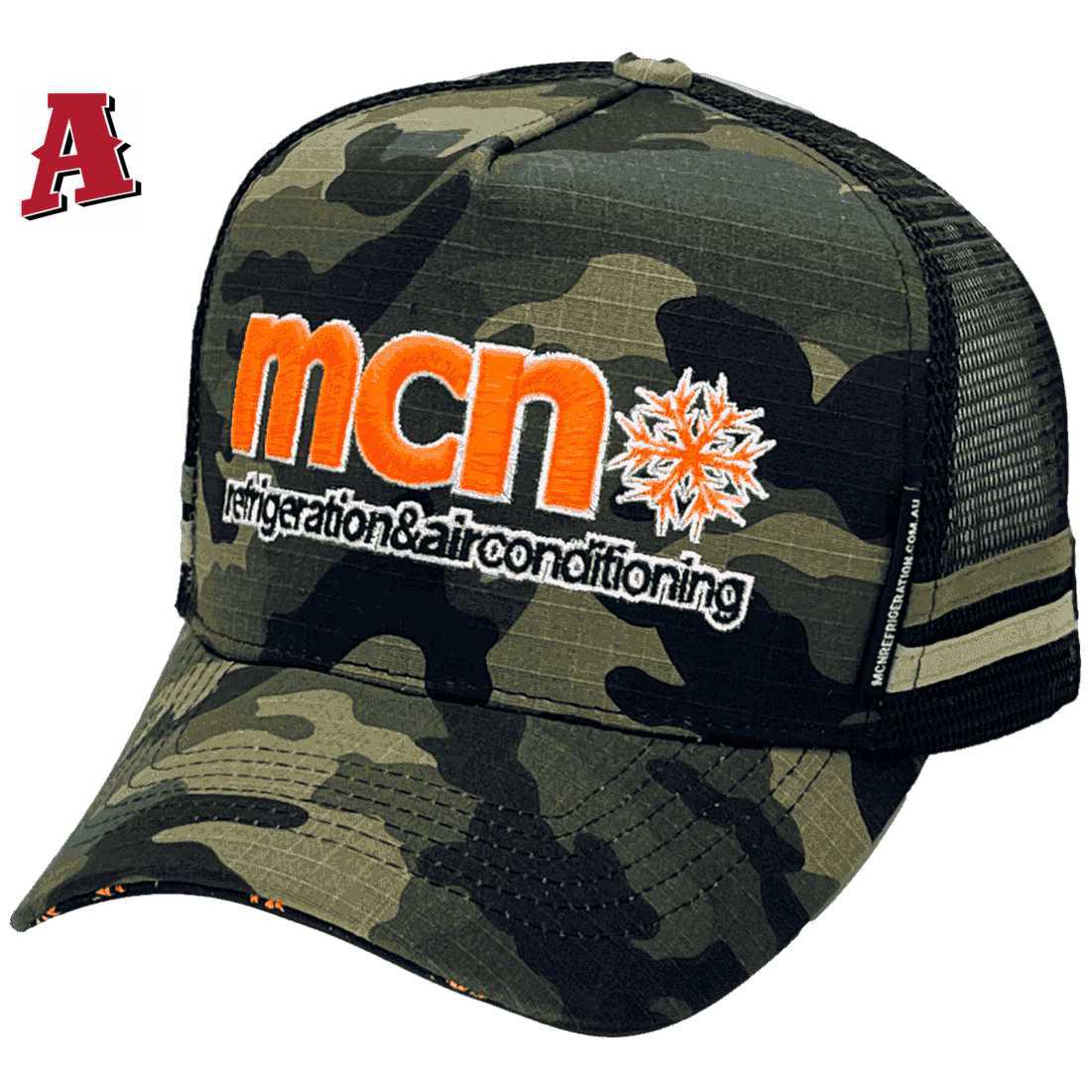 MCN Refrigeration Airconditioning Ripstop Camo Kempsey NSW HP Midrange Aussie Trucker Hat with Double Side Bands