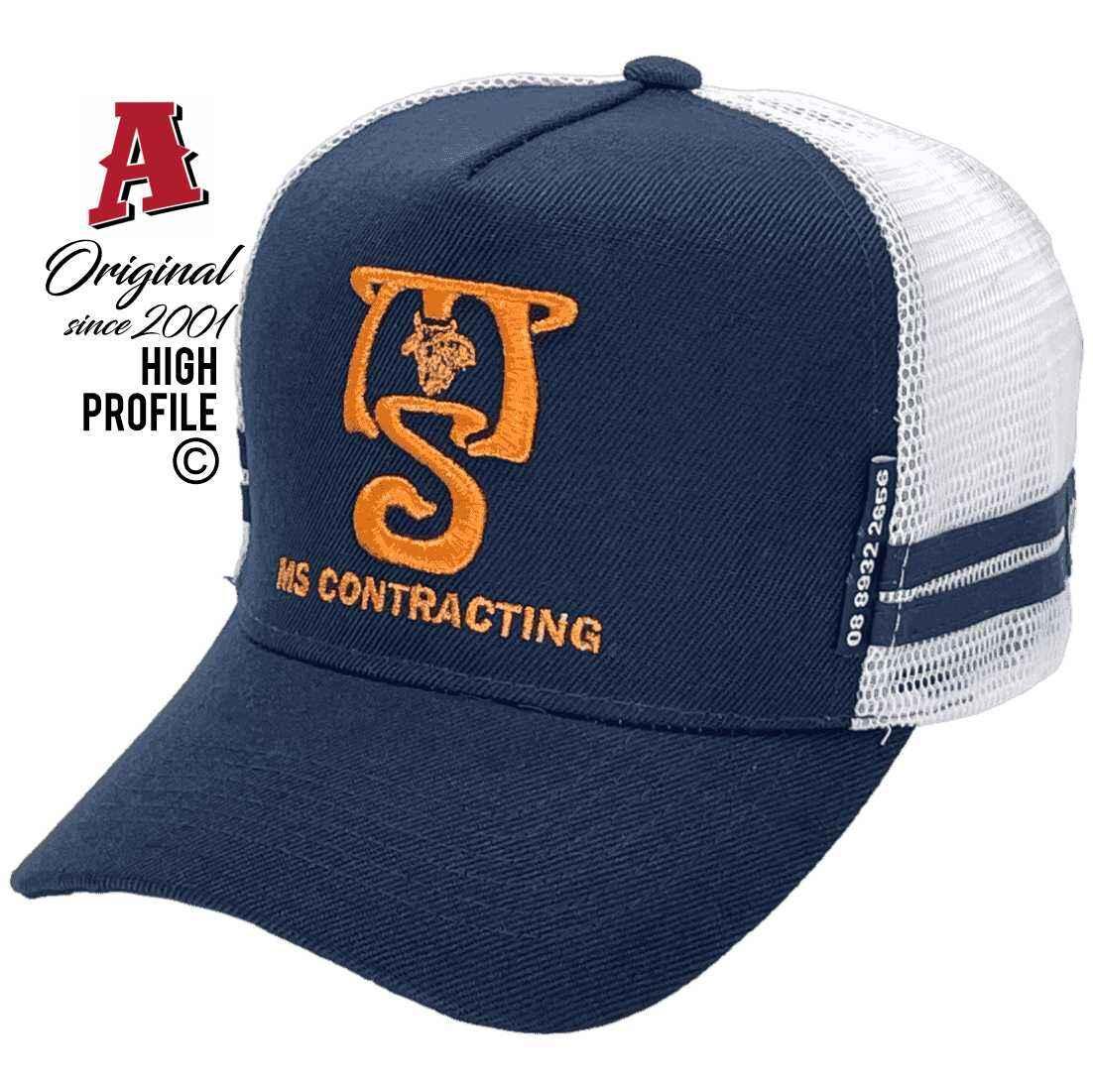 MS Contracting Humpty Doo NT Basic Aussie Trucker Hats with Australian HeadFit Crown 2 SideBands Navy White Snapback