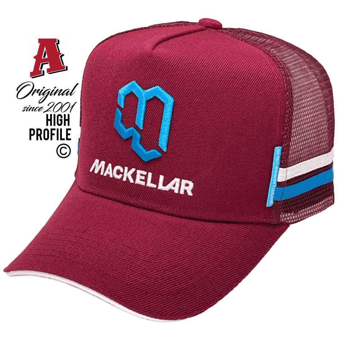 Mackellar Group Nambour QLD High Profile Power Aussie Trucker Hats with Sandwich Brim & 2 Side Bands Maroon White Snapback