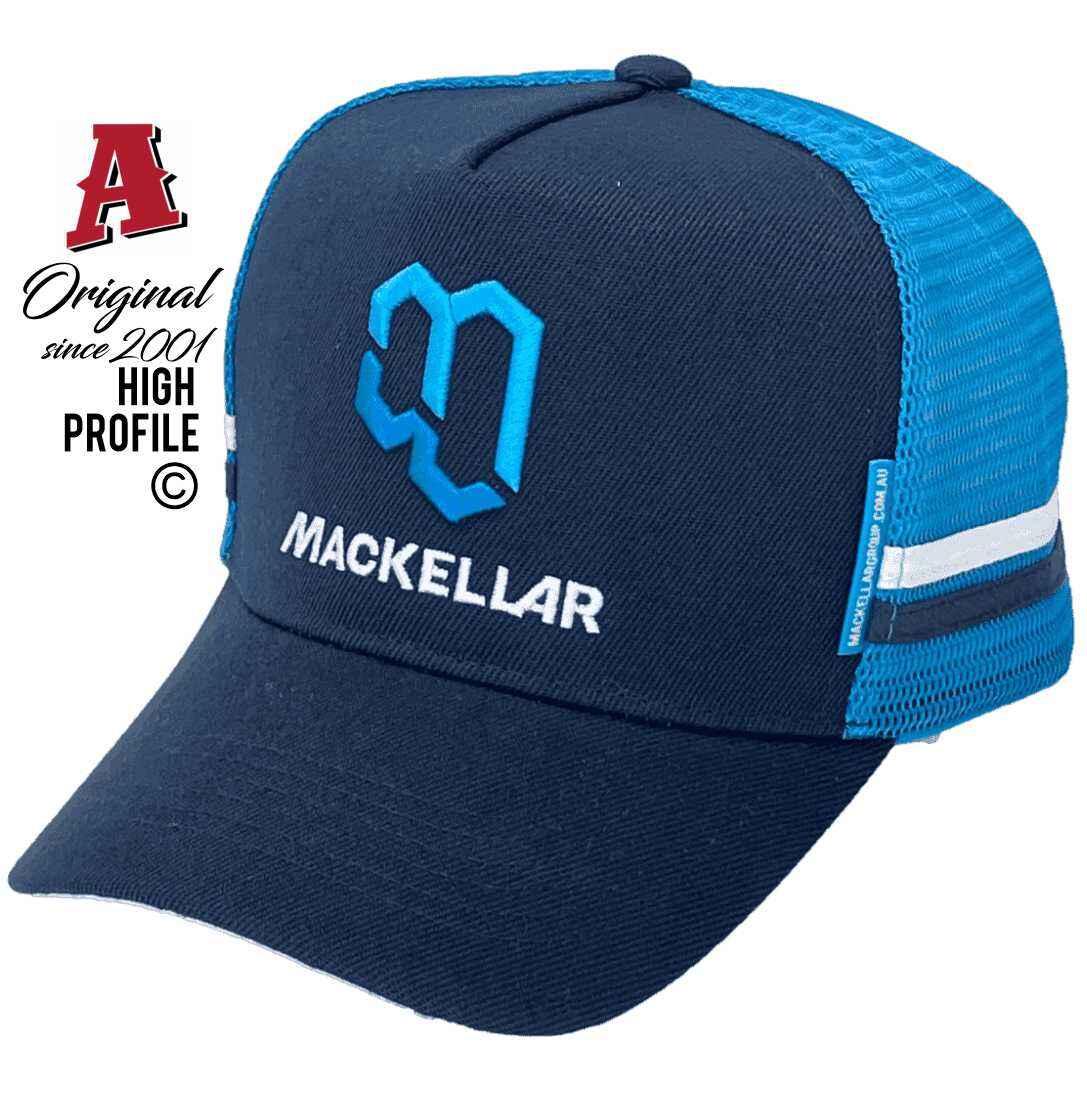 The Mackellar Group Nambour Qld Midrange Aussie Trucker Hats boast an Australian HeadFit Crown and are adorned with double sidebands in navy and aqua.