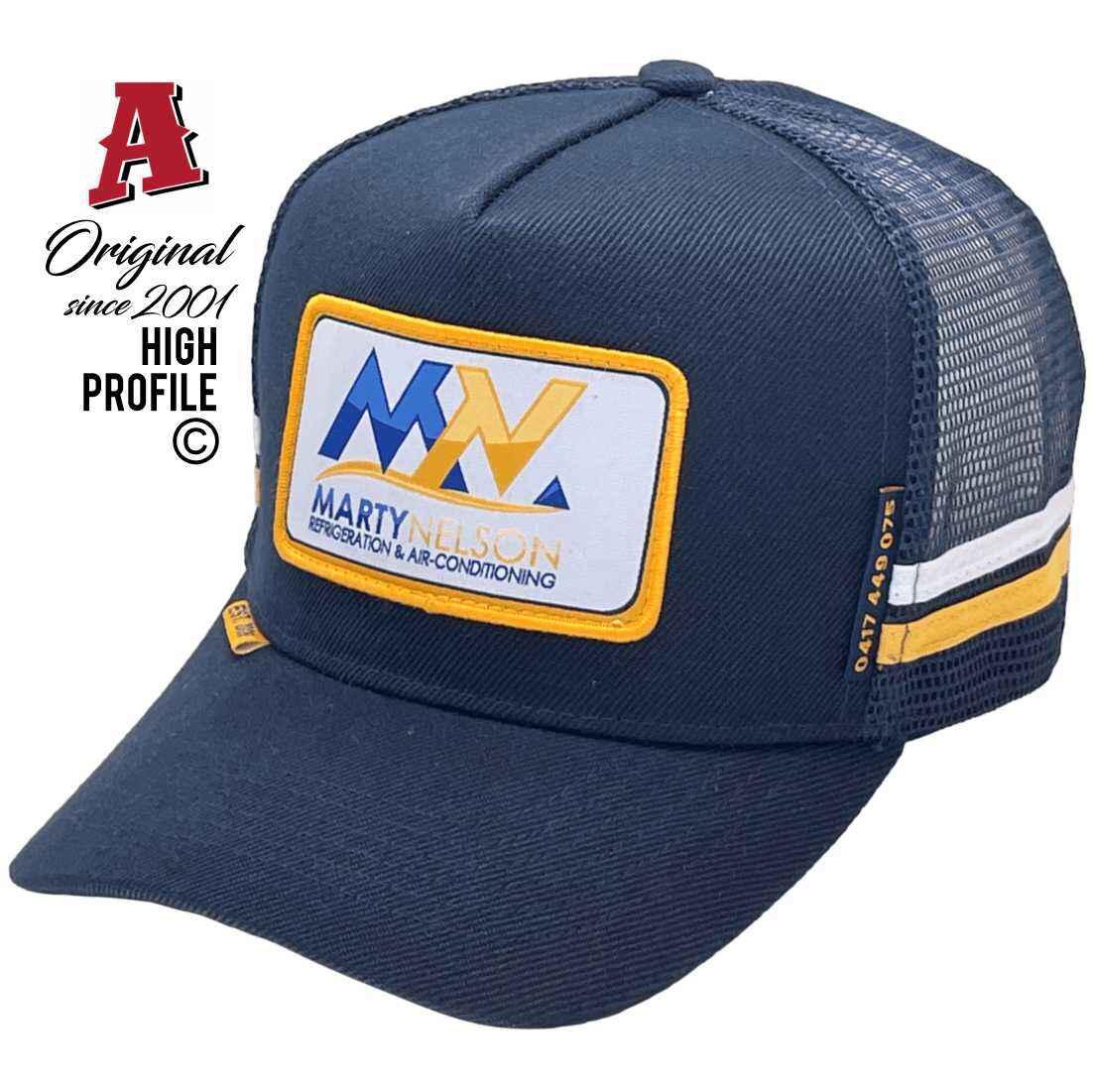 Marty Nelson Refrigeration Air Dubbo NSW Midrange Aussie Trucker Hats with Australian HeadFit Crown 2 SideBands Navy Snapback