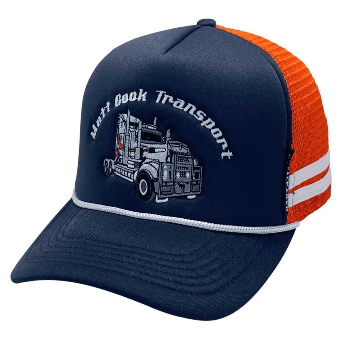 Matt Cook Transport Harvey WA HP Original Foamie Aussie Trucker Hat with Australian Head Fit Crown Size and 2 Side Bands
