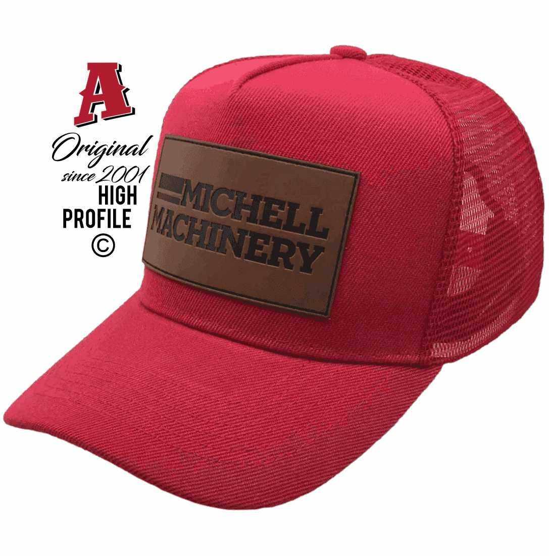 Michell Machinery Dubbo NSW Basic Aussie Trucker Hats with Australian HeadFit Crown Sew on Leather Badge Red Snapback