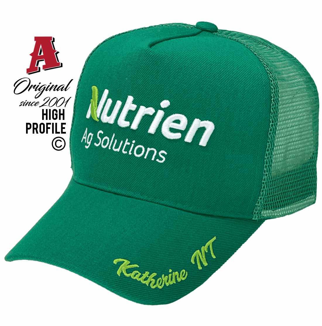 Nutrien Ag Solutions Katherine NT Midrange Aussie Trucker Hats with Australian HeadFit Crown 3d embroidery and 3d embroidery on brim Green with Green mesh Snapback