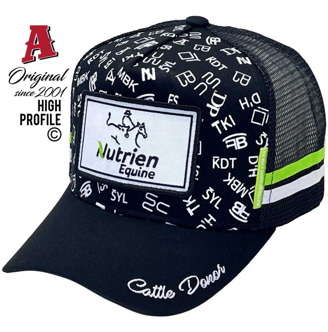 Nutrien Equine Cattle Donor Power Aussie Trucker Hats with Double SideBands Australian HeadFit Crown Black Lime White Snapback