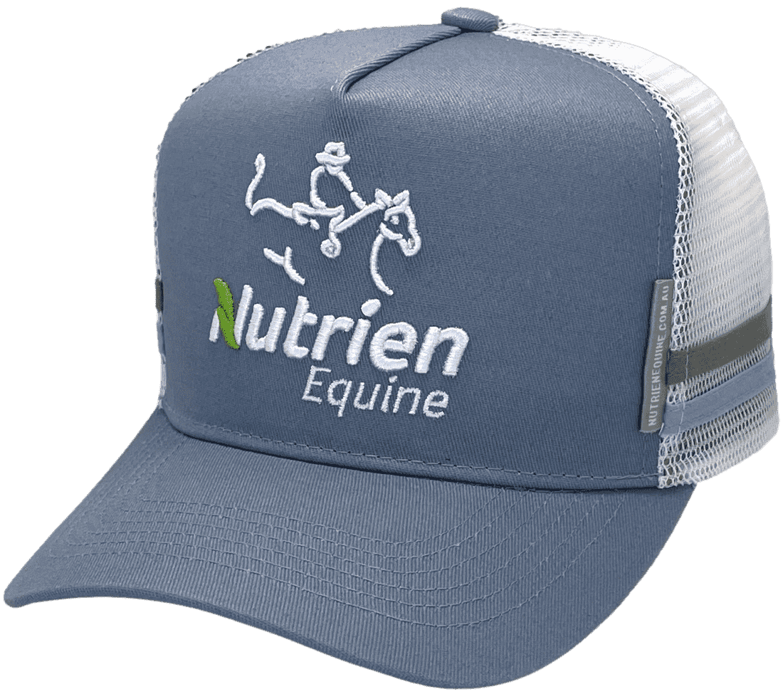 Nutrien Equine Tamworth NSW HP Midrange Aussie Trucker Hat with 2 side bands blue white grey