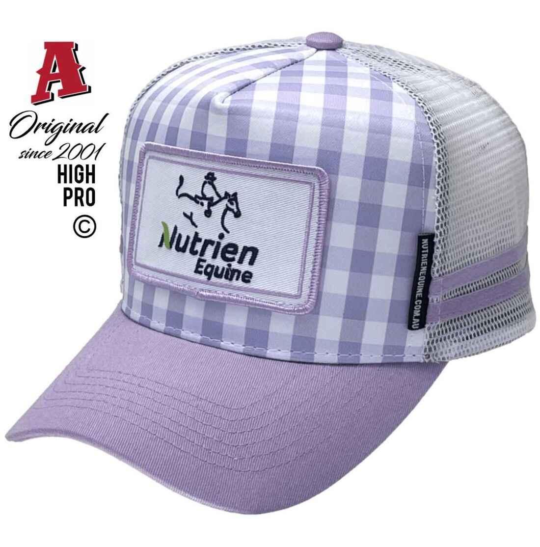 Nutrien Equine Tamworth NSW Midrange Aussie Trucker Hats with Australian HeadFit Crown Double Side Bands Snapback Violet White Gingham