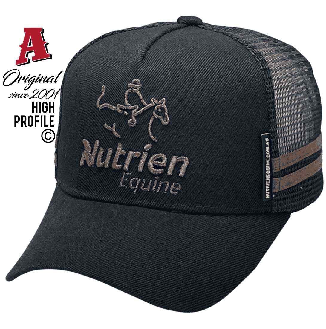 Nutrien Equine Tamworth NSW Midrange Aussie Trucker Hats with Rose Metallic Thread 2 SideBands Black Brown Snapback