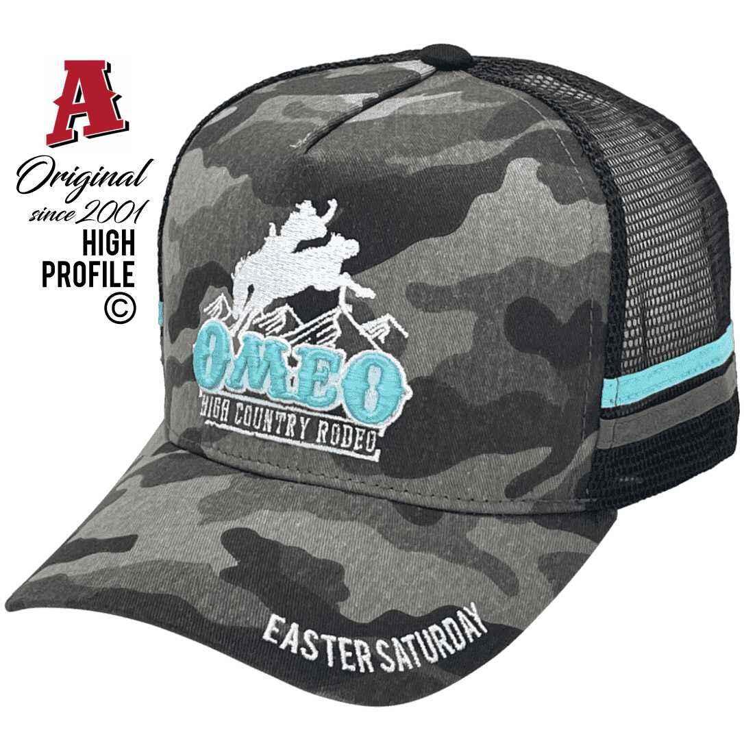 Omeo High Country Rodeo Vic Midrange Aussie Trucker Hats with Australian HeadFit Crown Double SideBands Grey Camo Snapback