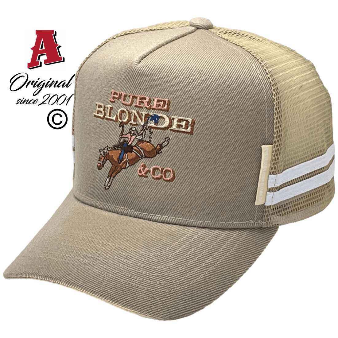 Pure Blond & Co Dubbo NSW HP Basic Aussie Trucker Hats with 2 SideBands Australian HeadFit Crown Khaki