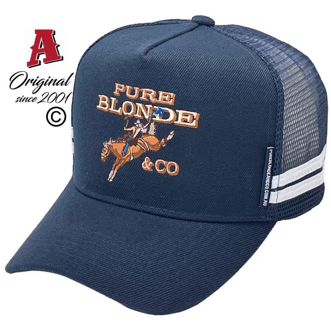Pure Blond Co Dubbo NSW HP Basic Aussie Trucker Hats with 2 SideBands and Australian HeadFit Crown Navy White