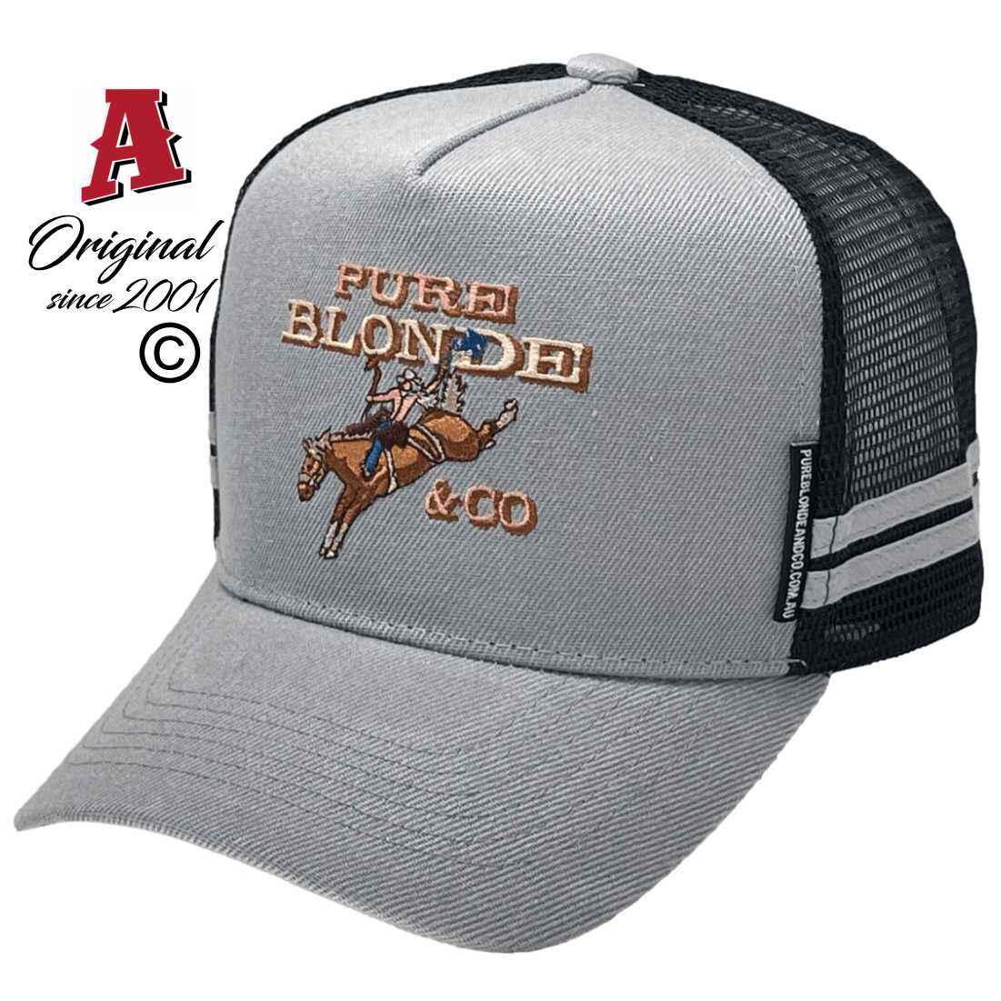 Pure Blond Co Dubbo NSW HP Basic Aussie Trucker Hats with Australian HeadFit Crown and Double SideBands Silver Black