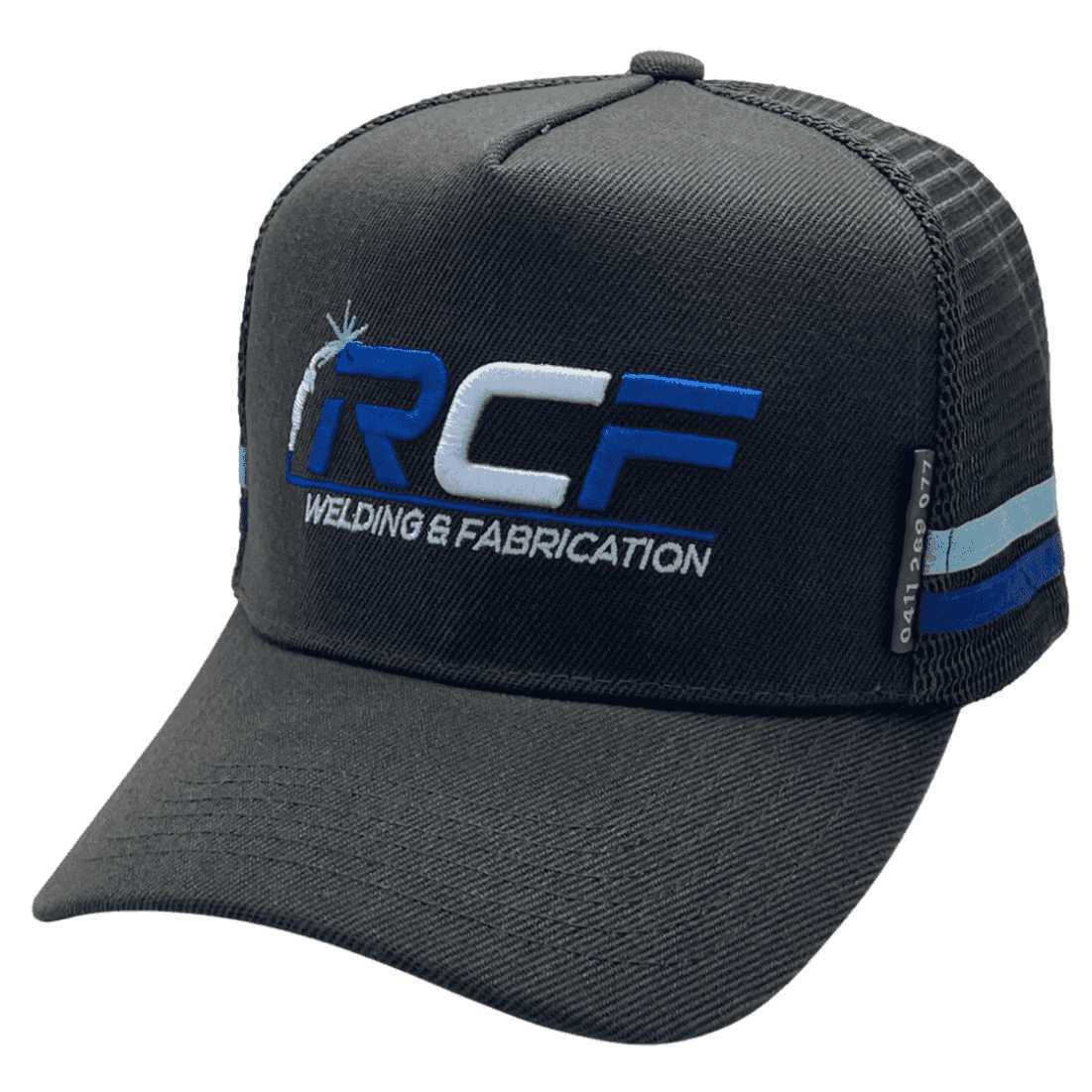 RCF Welding and Fabrication Glenrowan Vic HP Midrange Aussie Trucker Hat with Australian Head Fit Crown and Two Sidebands