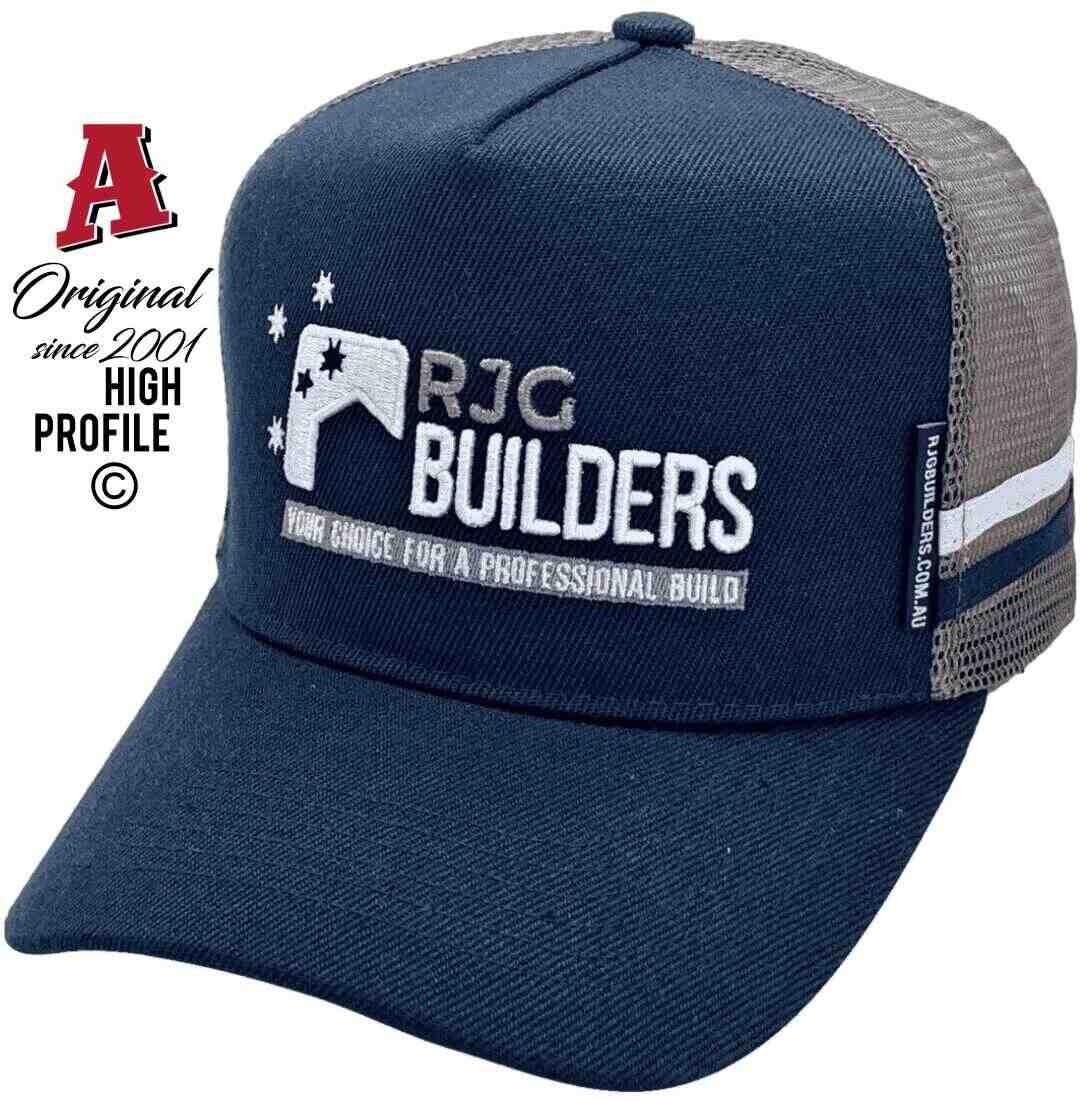 RJG Builders Townsville Qld Midrange Aussie Trucker Hat with Australian Head Fit Crown and Double Side Bands Navy Grey White