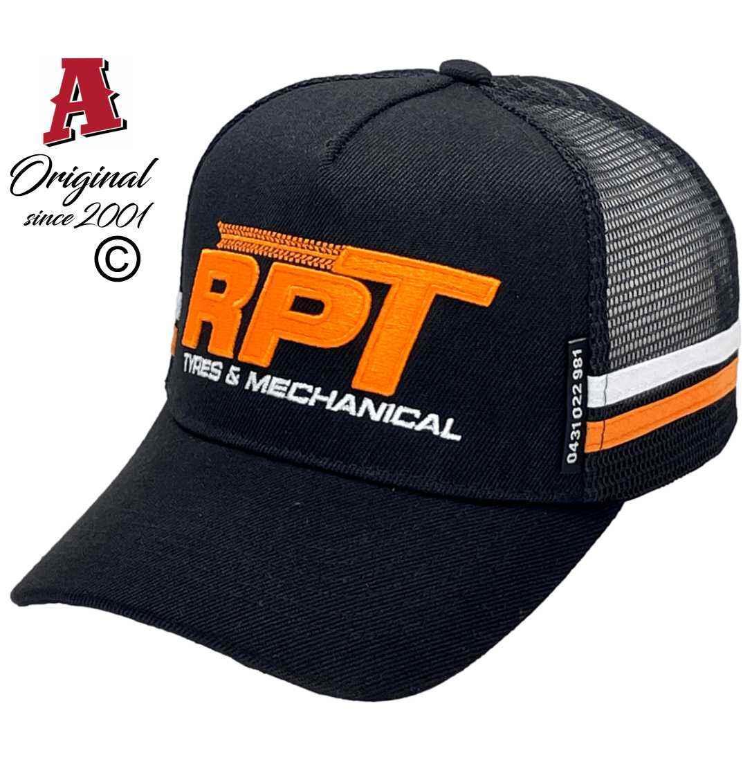 RPT Tyres & Mechanical Dysart QLD Basic Aussie Trucker Hats with Australian HeadFit Crown and Double Side Bands Black Orange