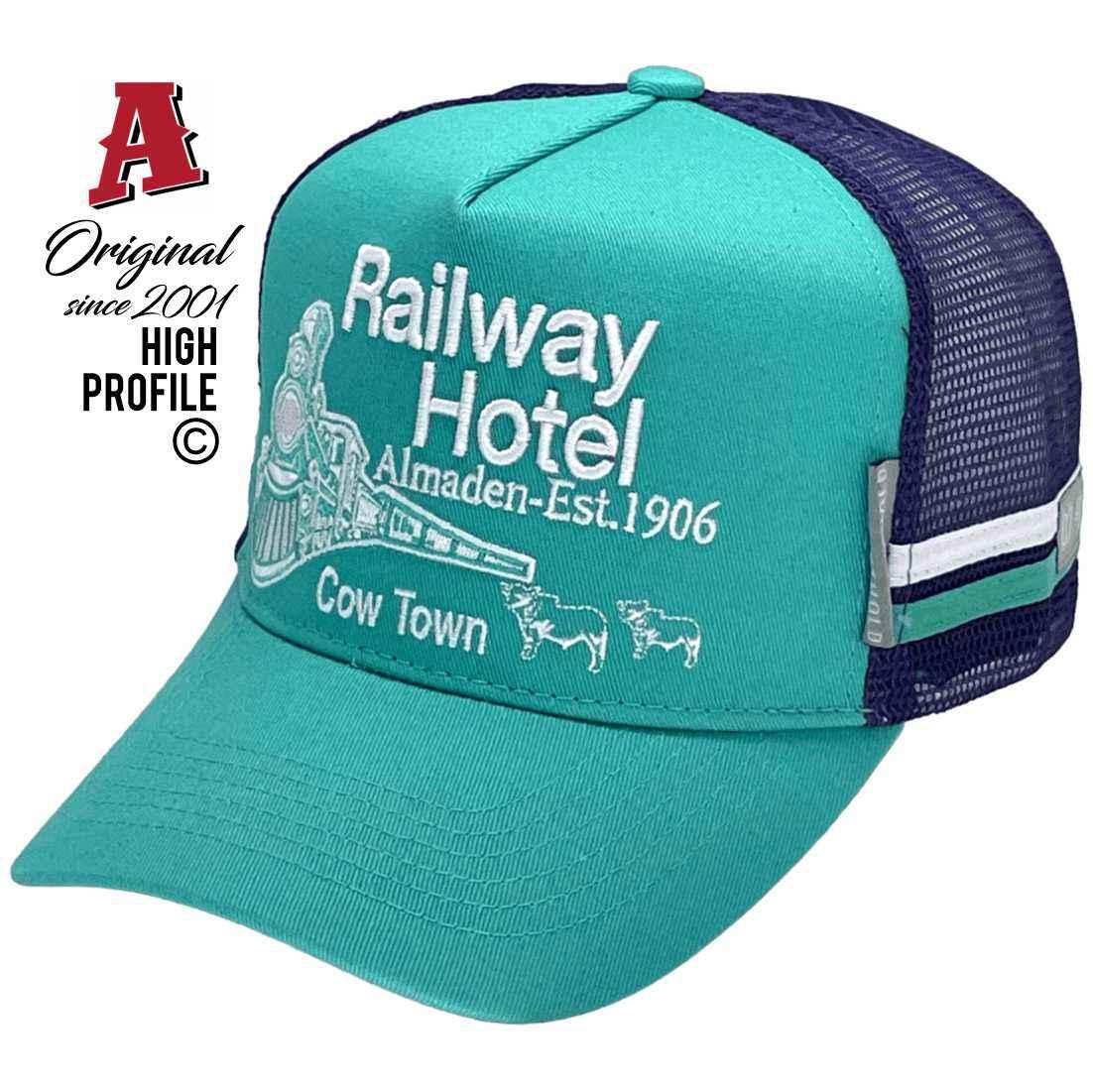 Railway Hotel Almaden- East QLD Midrange Aussie Trucker Hats with 2 SideBands Australian HeadFit Crown Green Purple Snapback