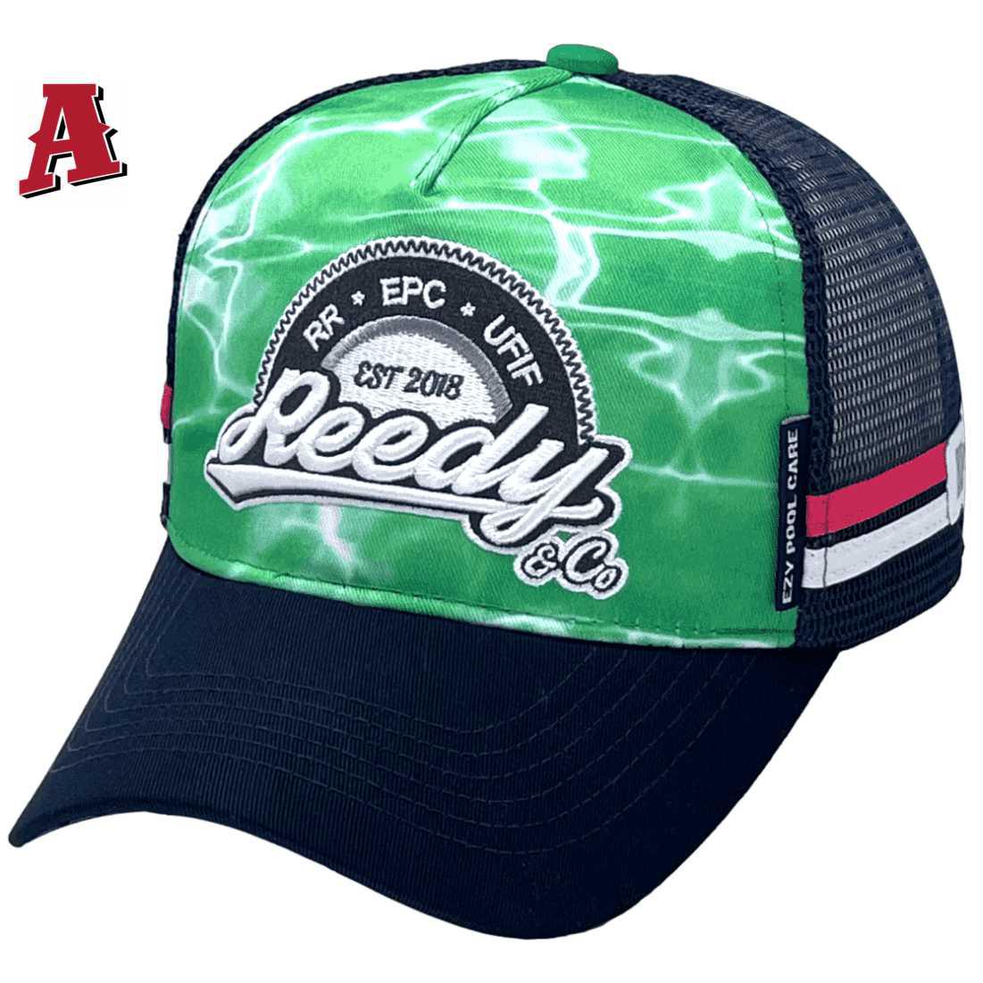 Reedy Co Katherine NT Sublimated Print -LP Midrange Aussie Trucker Hat with Australian Head Fit Crown and 2 SideBands - green
