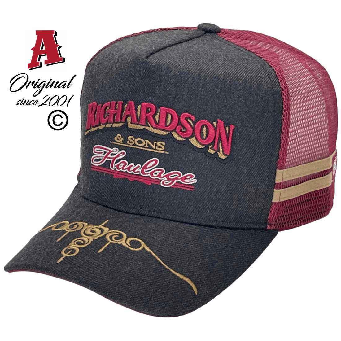 Richardson Sons Haulage Henty NSW Power Aussie Trucker Hats with Double Side Bands Australian HeadFit Crown Charcoal Burgundy Khaki