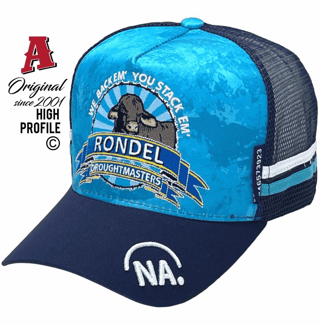 Rondel Droughtmasters WINTON QLD Midrange Aussie Trucker Hats with Sublimated Print Crown 2 SideBands Camouflage Sky Navy Snapback