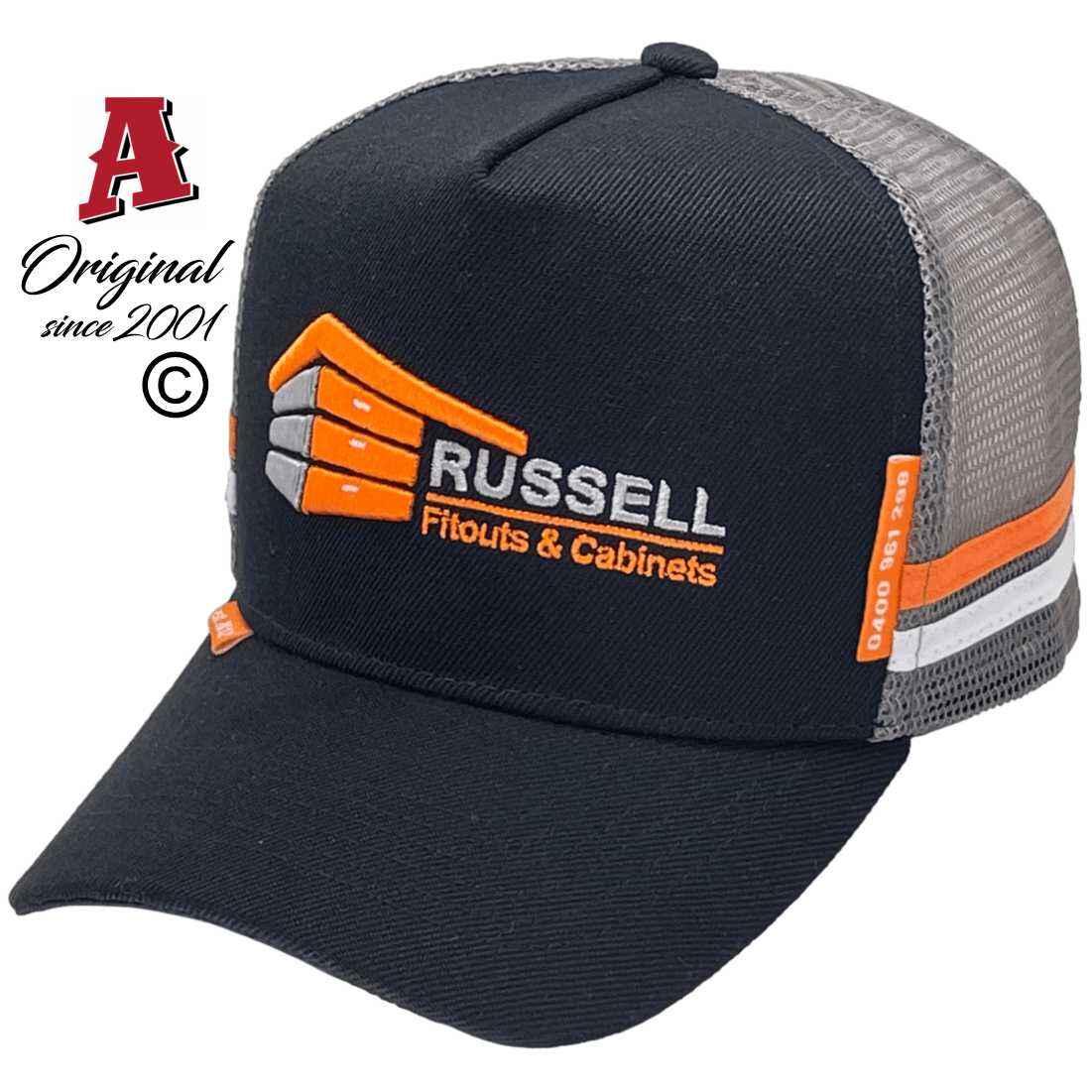 Russell Fitouts Cabinets Brendale QLD Midrange Aussie Trucker Hats with Double SideBands and Australian HeadFit Crown black orange White