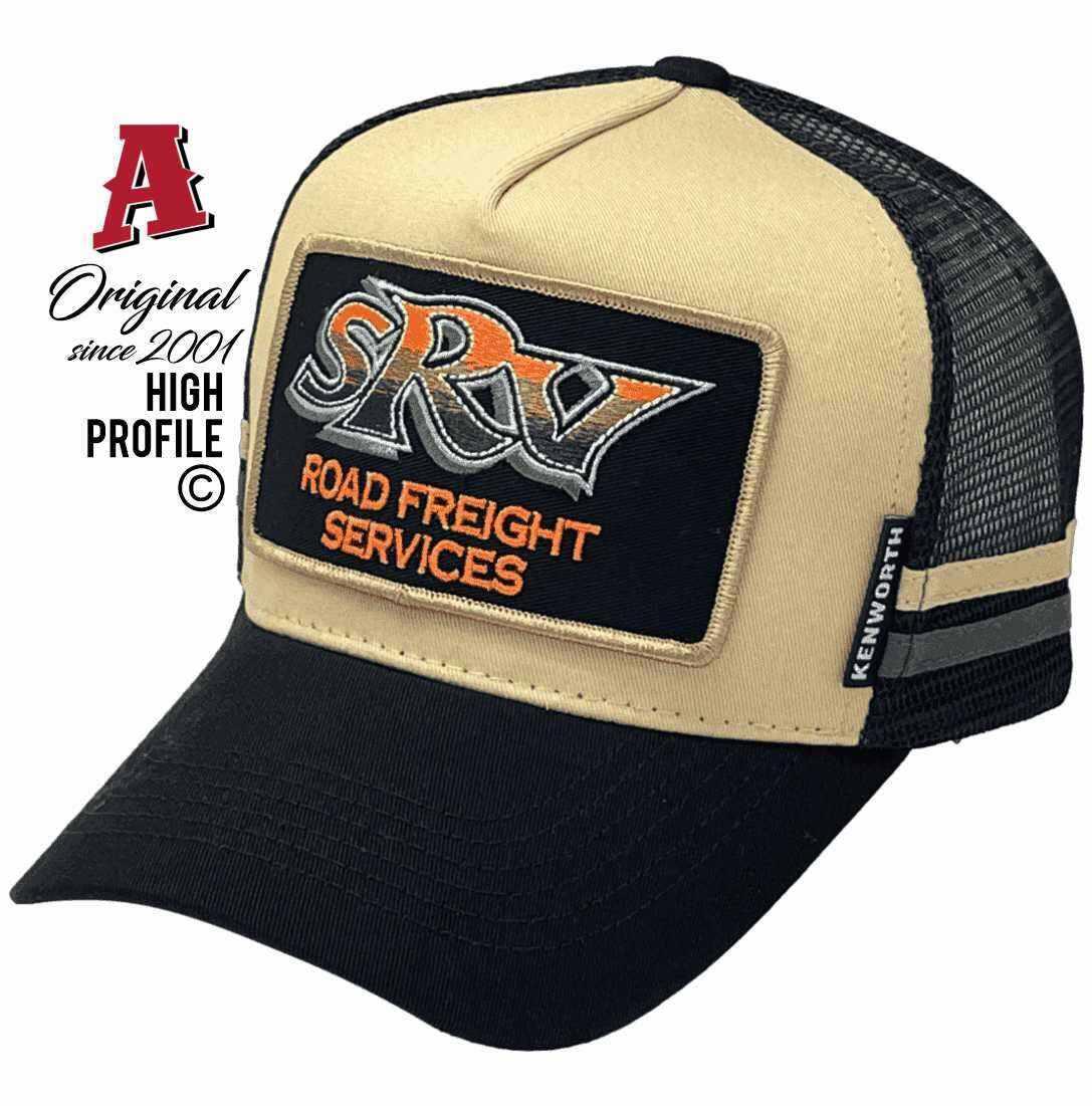 SRV Road Freight Services Yatala QLD Midrange Aussie Trucker Hats with Australian HeadFit Crown Khaki Black Snapback