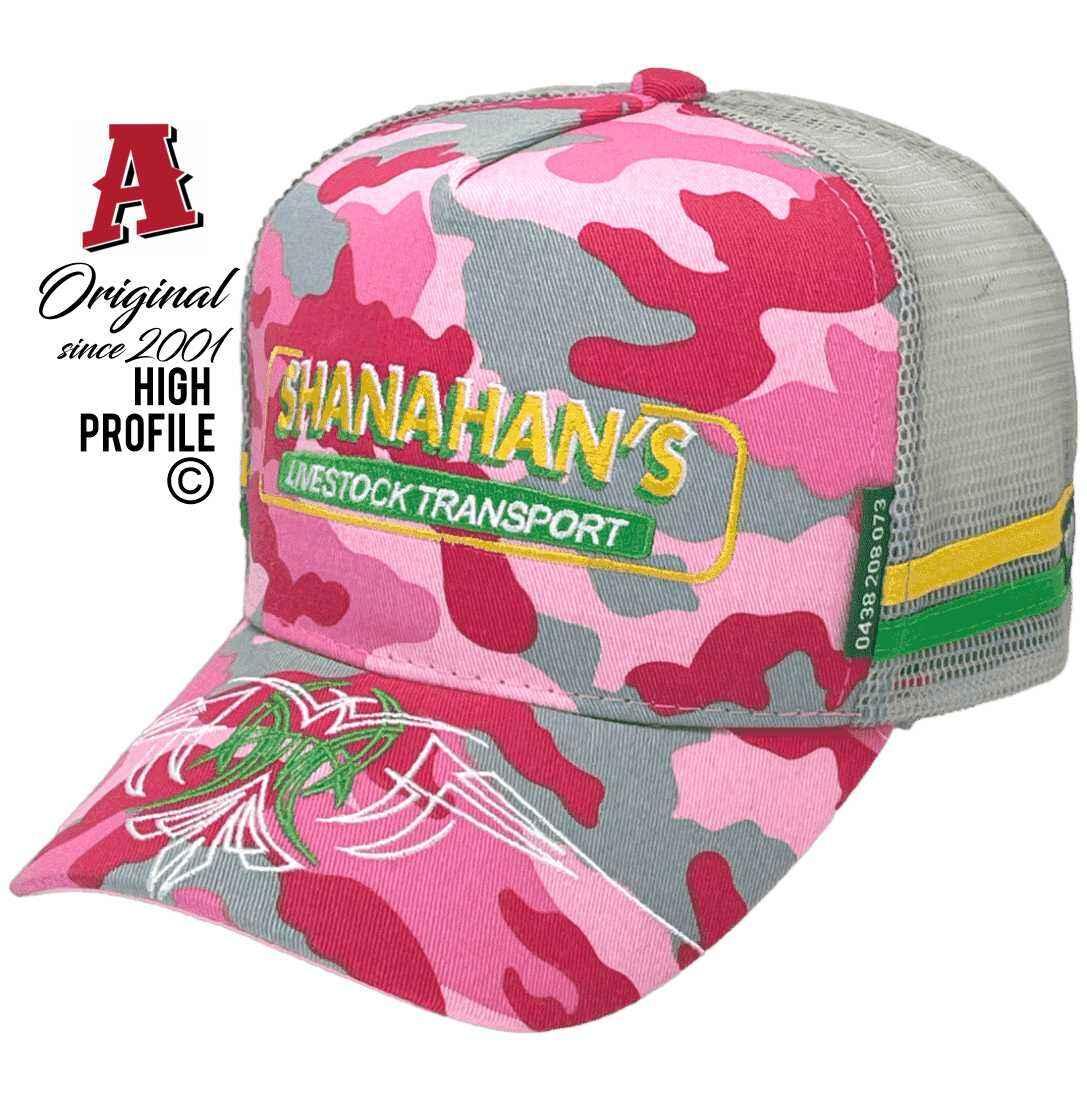 Shanahans Livestock Transport Wodonga Vic Power Aussie Trucker Hat with Embroidered Design on Brim Pink Camo Snapback