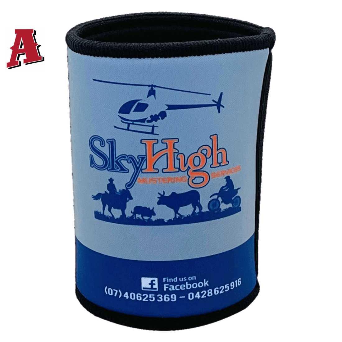 SkyHigh Mustering Services Einasleigh QLD Aussie Custom Stubbie Holder - Koozie - 5mm Premium Neoprene with Tapped & Stitched Seams - Sky Blue