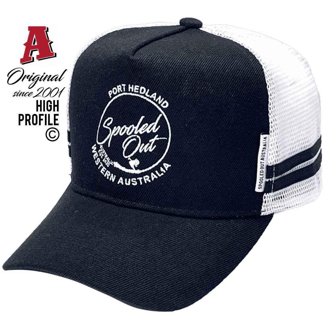 Spooled Out Port Hedland WA Basic Aussie Trucker Hats with Australian HeadFit Crown Double SideBands SnapBack Black White