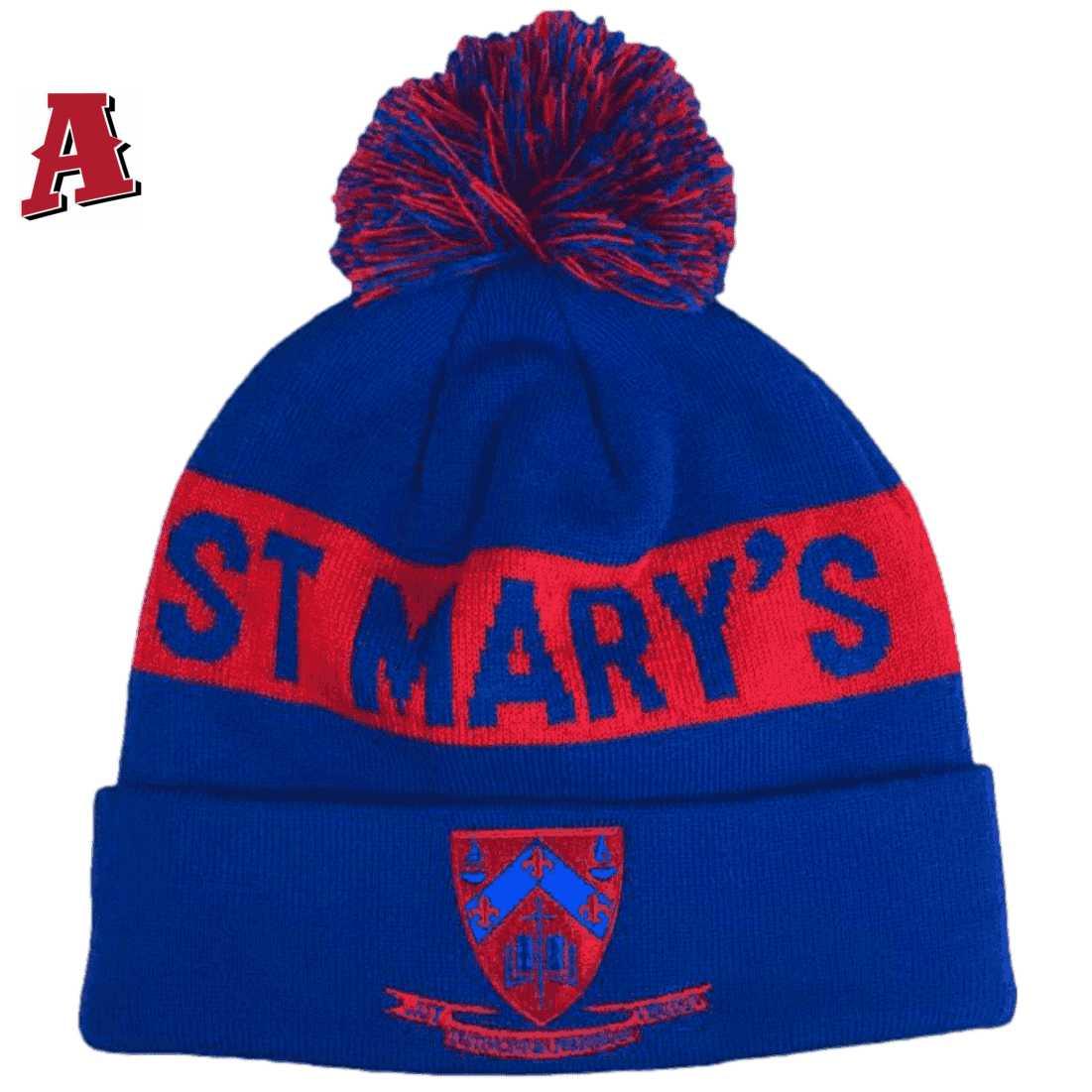 St Marys College Parkville Vic Aussie Custom Acrylic Beanie with Pom Pom and Optional Plain or Rib Cuff Royal Blue Red