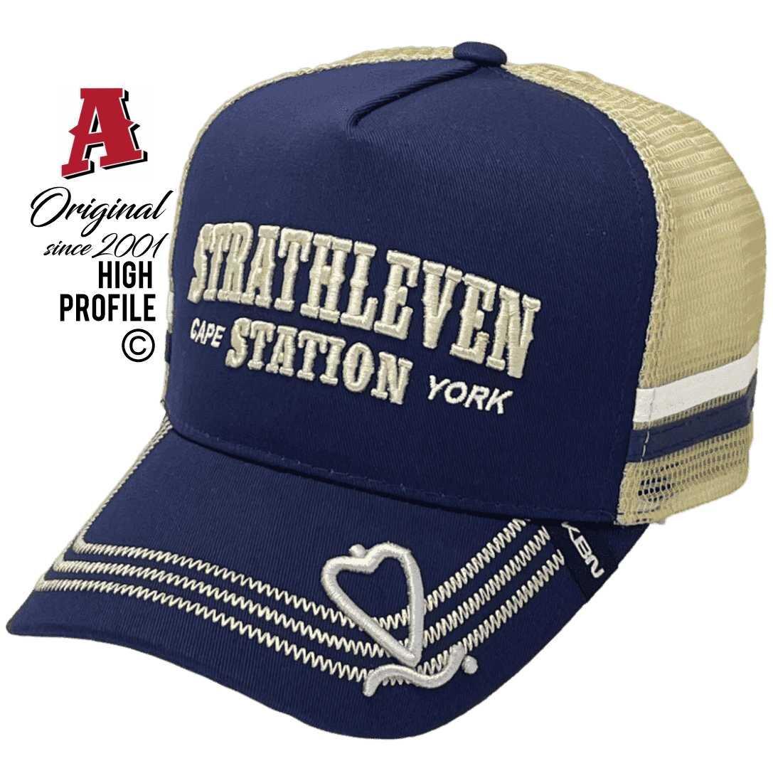 Strathleven Station Cape York Qld Power Aussie Trucker Hats with Australian HeadFit Crown Dual SideBands Navy Khaki Snapback