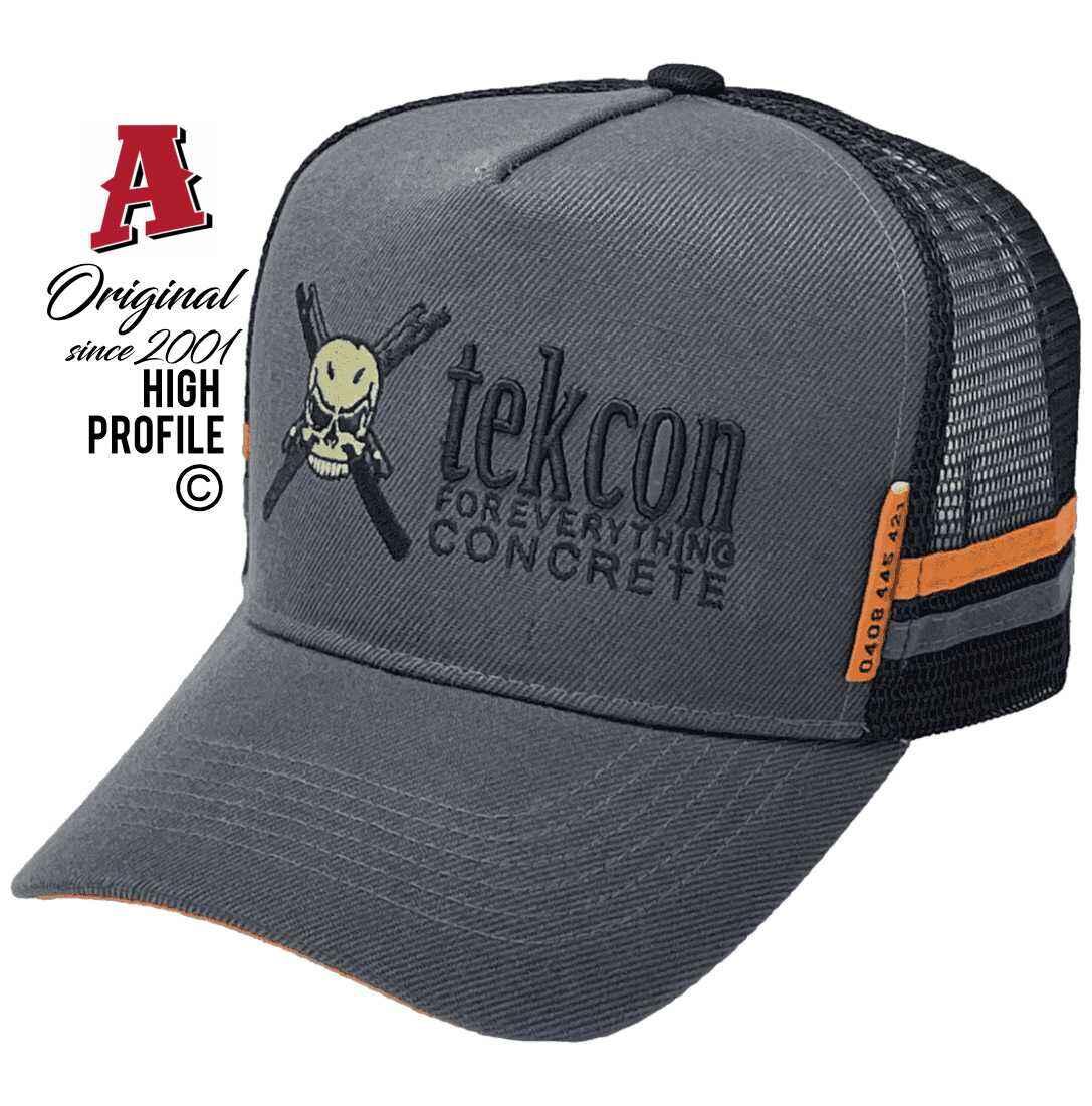 Tekcon Concreting Alice Springs NT Basic Aussie Trucker Hats with HeadFit Crown Dual SideBands Charcoal Black Snapback
