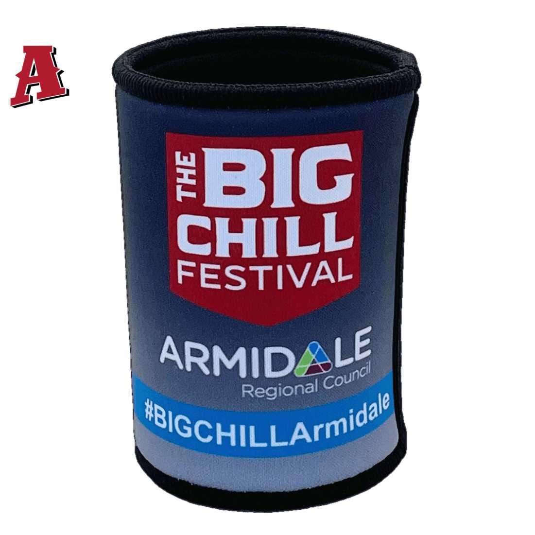 The Big Chill Festival Armidale NSW Aussie Custom Stubby Holder Koozie 5mm Premium Neoprene with Tapped Stitched Seams Gradient Greys