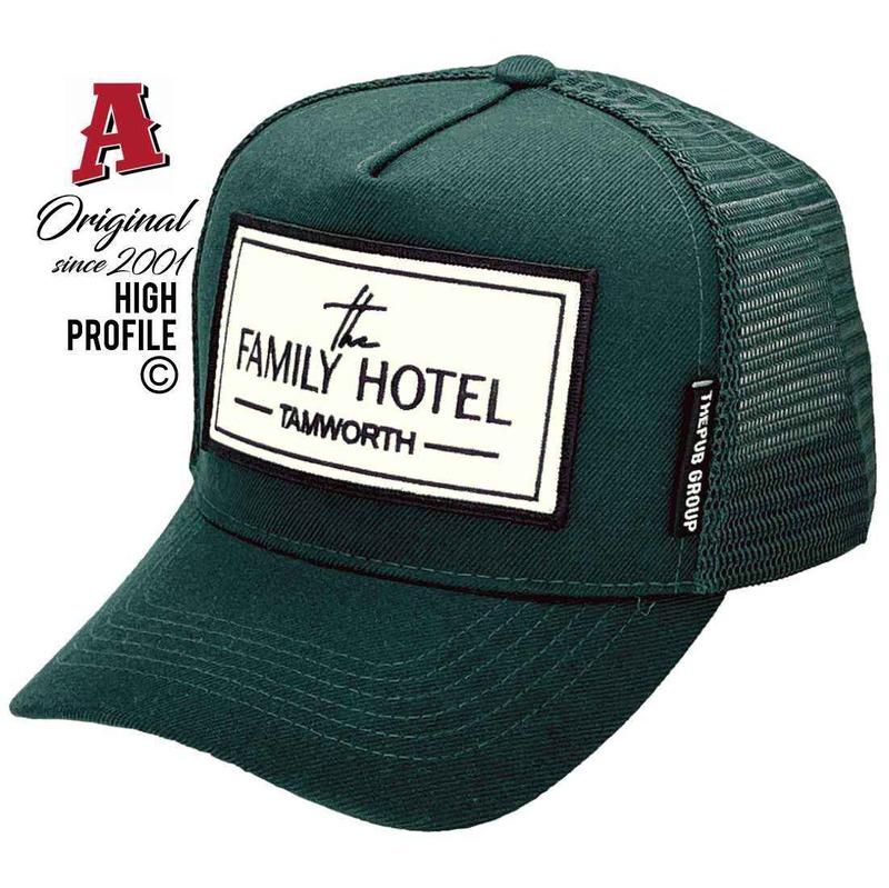The Family Hotel Tamworth NSW Basic Aussie Trucker Hats with Australian HeadFit Crown Sew-on Embroidered Badge Merrow Edge