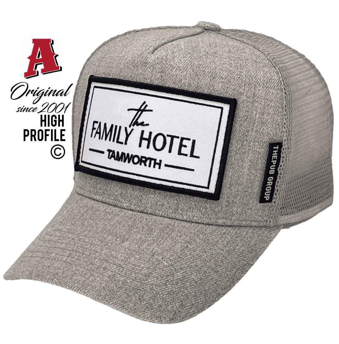 The Family Hotel Tamworth NSW Basic Aussie Trucker Hats with HeadFit Crown Sew-on Badge With Merrow Edge Grey Fleck Snapback