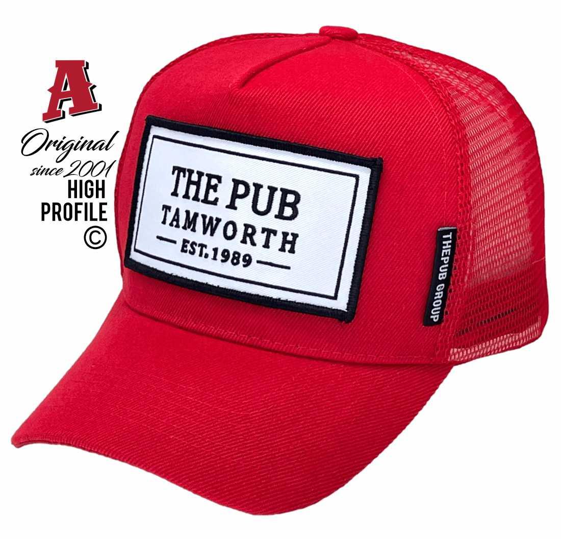 The Pub Tamworth Tamworth NSW HP Original Basic Aussie Trucker Hat with Sewn on Embroidered Badge Acrylic Red