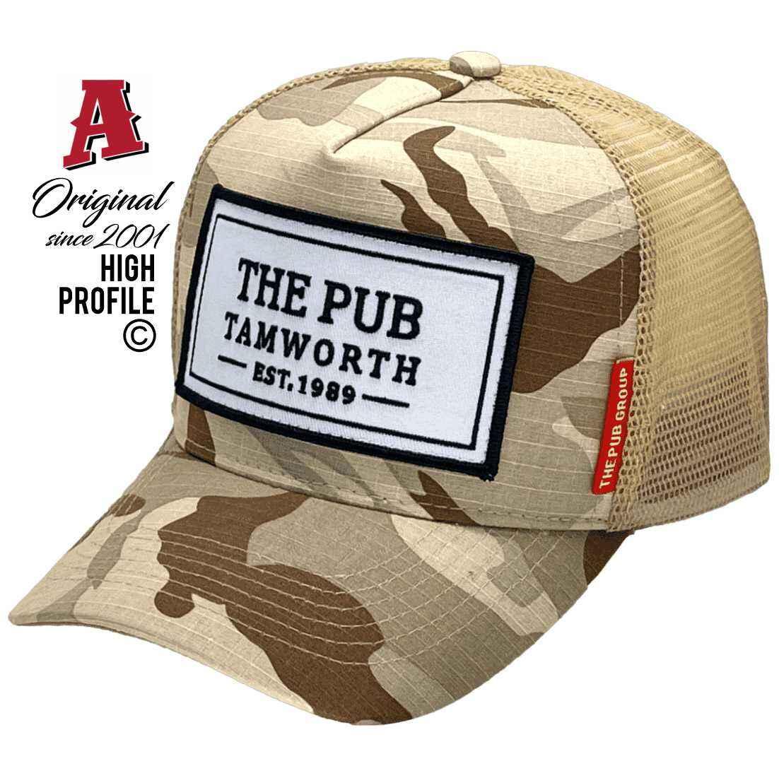The Pub Group Tamworth NSW Basic Aussie Trucker Hats with Australian HeadFit Crown Ripstop Camo Fabric Desert Snapback