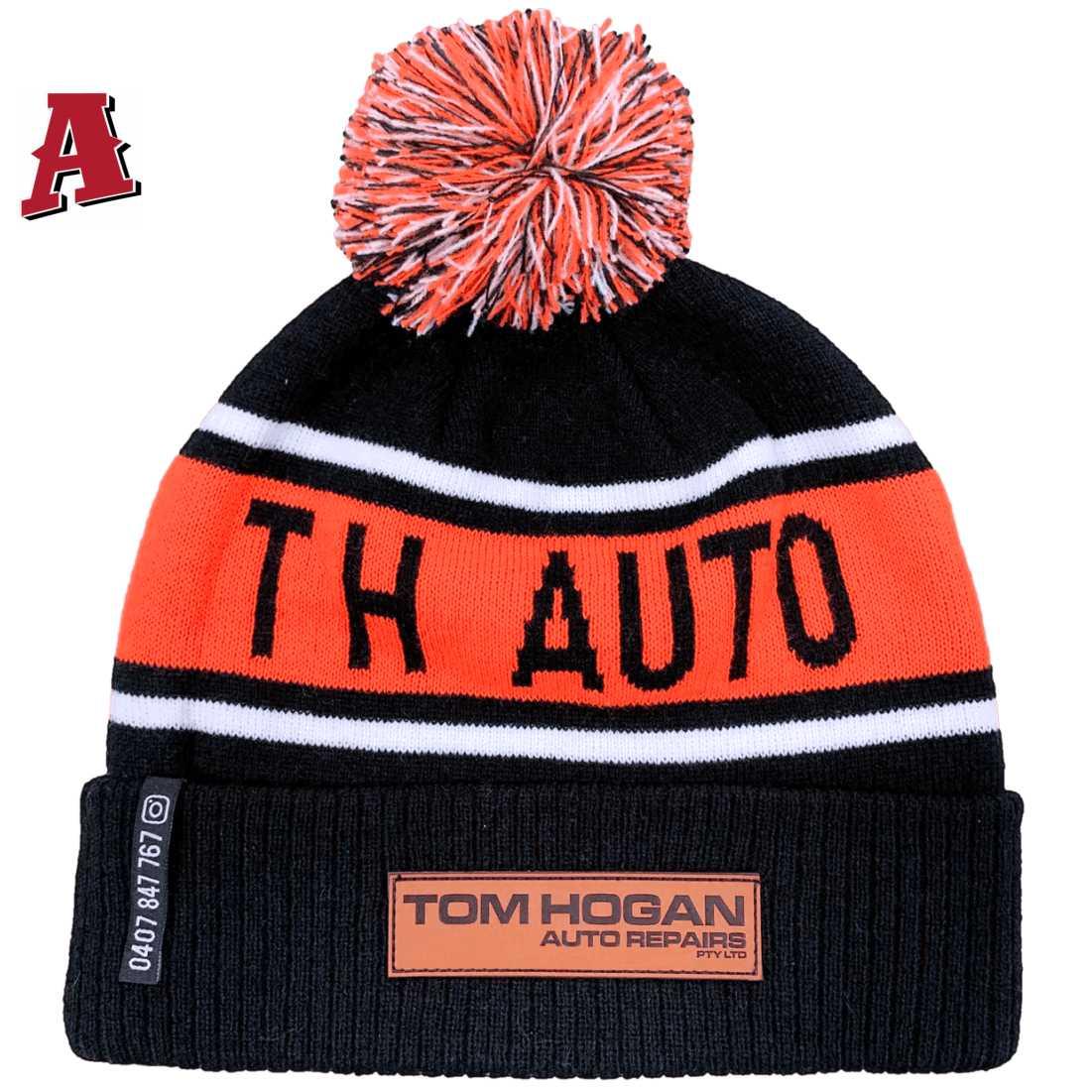 Tom Hogan Auto Repairs Kialla West Victoria Aussie Acrylic Beanie One Size Fits All with Pom Pom and Roll up Ribbed Cuff Black Orange White