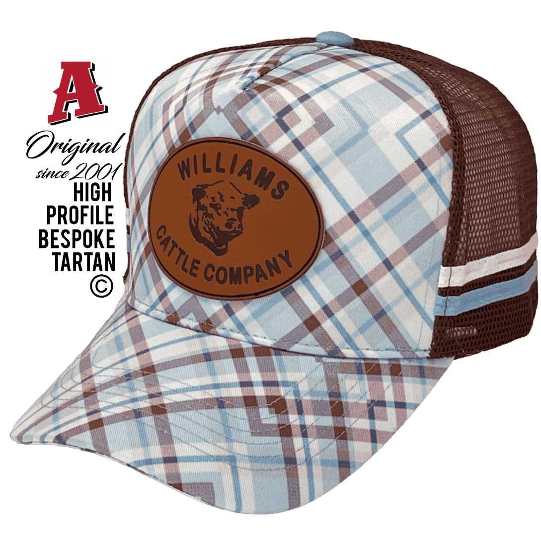 The Williams Cattle Company Carrieton SA Power Aussie Trucker Hats boast an Australian HeadFit Crown with two sidebands. These hats come in a tartan pattern featuring sky and brown colors and are equipped with a snapback closure.