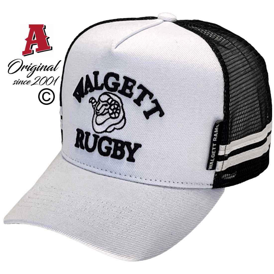 Walgett Rugby Union Walgett NSW Basic Aussie Trucker Hats with Double SideBands Australian HeadFit Crown White Black Snapback
