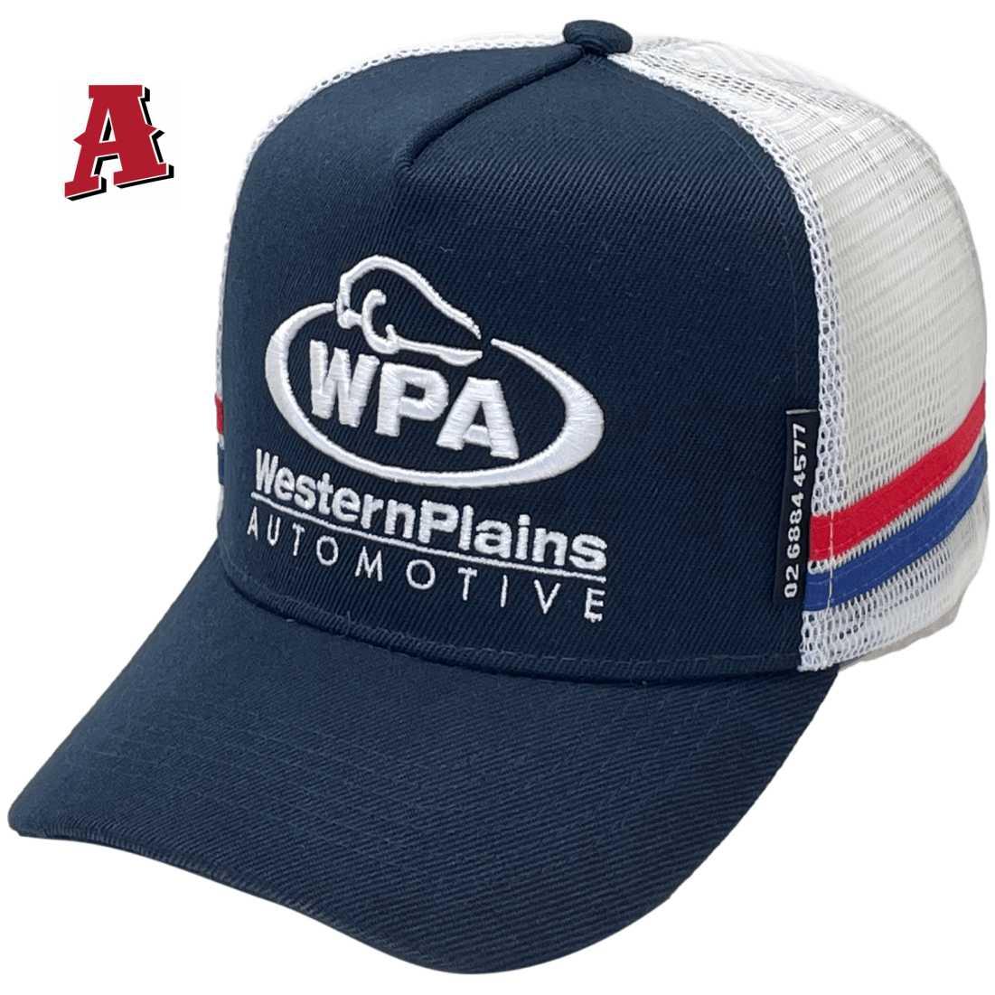 Western Plains Automotive Dubbo NSW Aussie Trucker Hats with Double Side Bands High Profile Snapback Navy White Red Royal