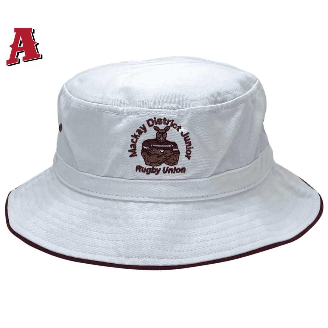 White Mackay District Junior Rugby Union Aussie Bucket Hat with adjustable crown 7cm brim cotton