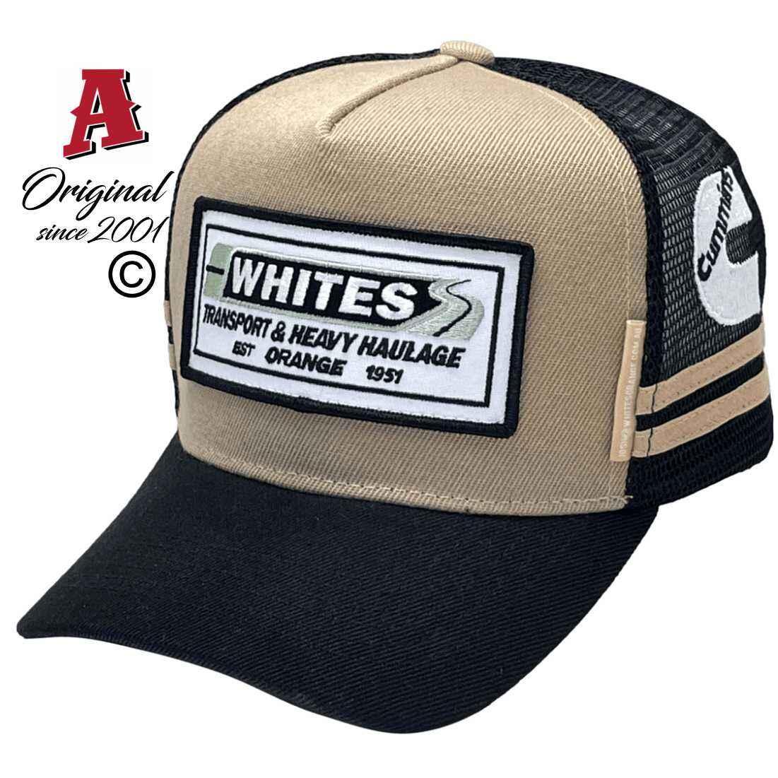 Whites Transport & Heavy Haulage in Orange, NSW offers HP Power Aussie Trucker Hats with Double SideBands, an Australian HeadFit Crown, and a Khaki Black color scheme.