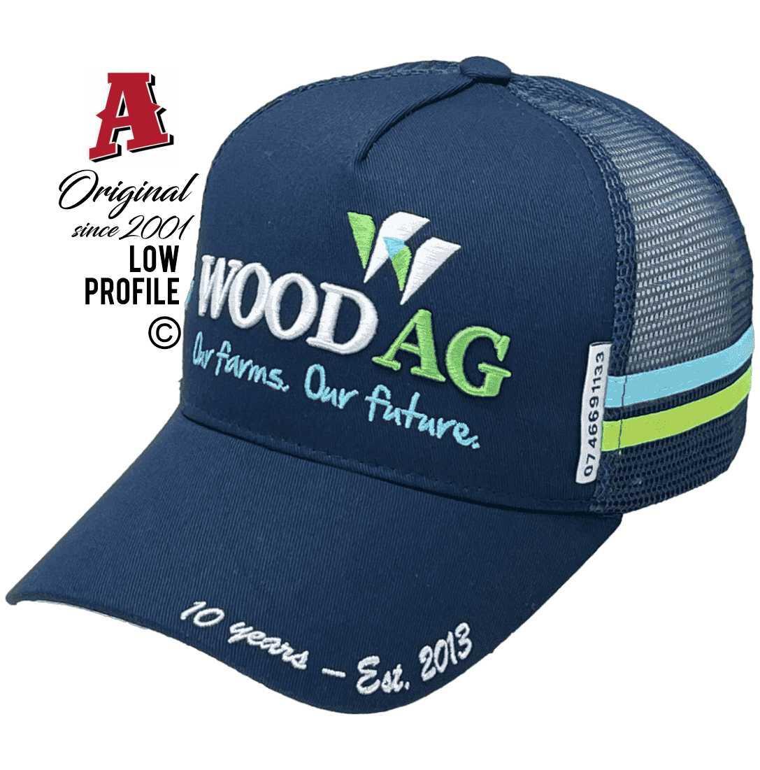 Wood AG Chinchilla QLD Midrange Aussie Trucker Hats with Australian HeadFit Crown Dual SideBands Navy Snapback