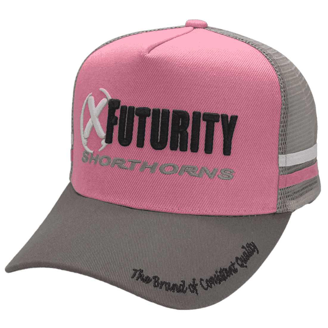 X Futurity Pastoral Kenebri NSW HP Midrange Aussie Trucker Hat with Australian Head Fit Crown and 2 Side Bands Pink Grey White