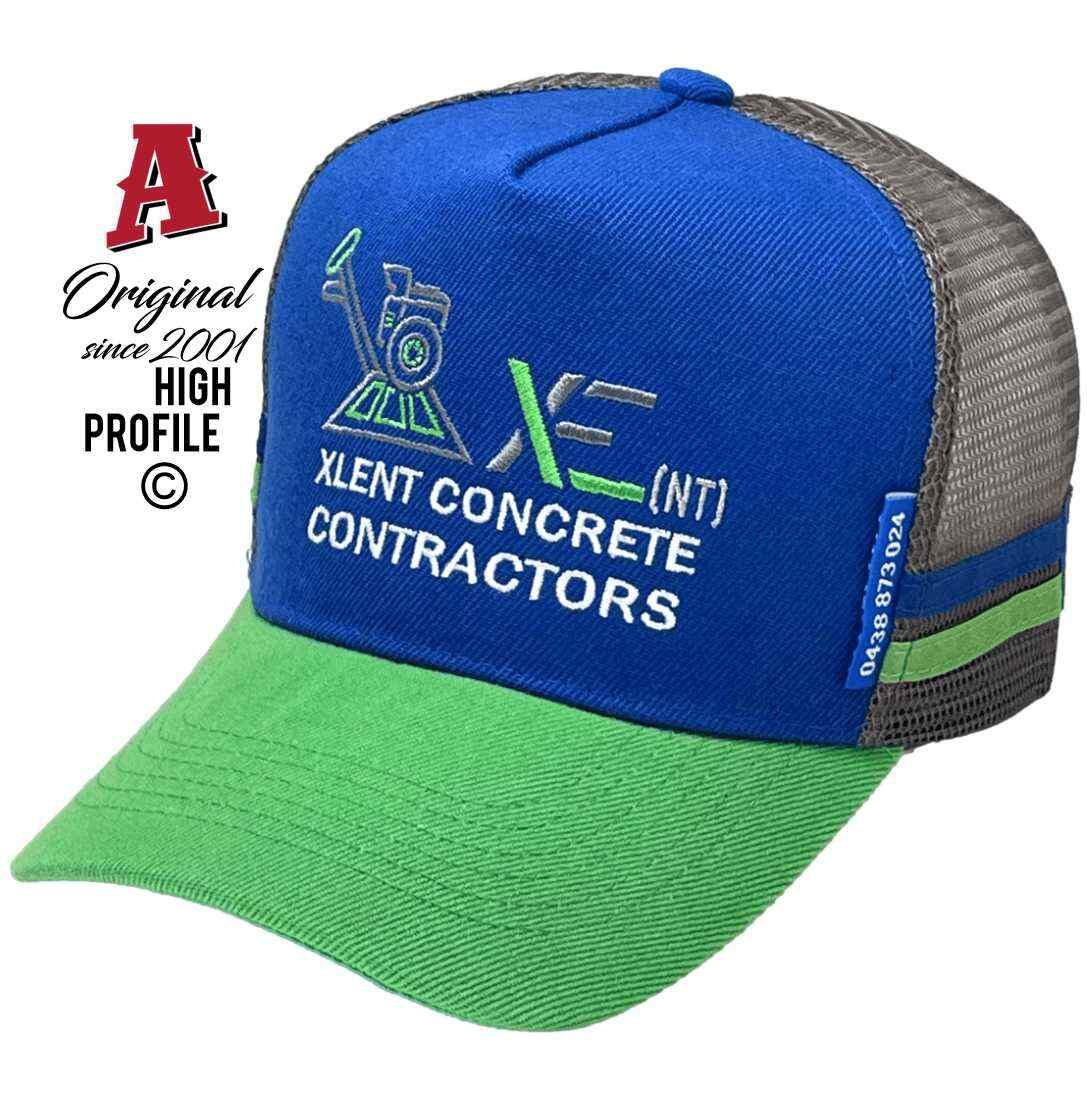 XLent Concrete Contractors Alice Springs NT Basic Aussie Trucker Hats with HeadFit Crown Double SideBands Royal Green Dark Grey Snapback