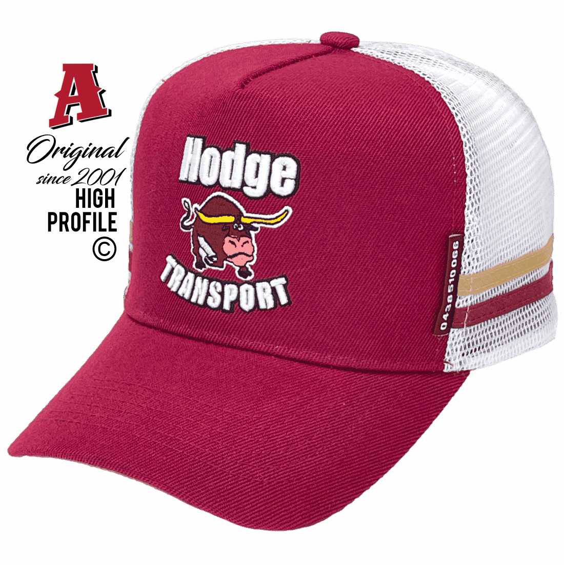 Hodge Transport Blakeville VIC Midrange Aussie Trucker Hats with Australian HeadFit Crown Dual SideBands Maroon Snapback