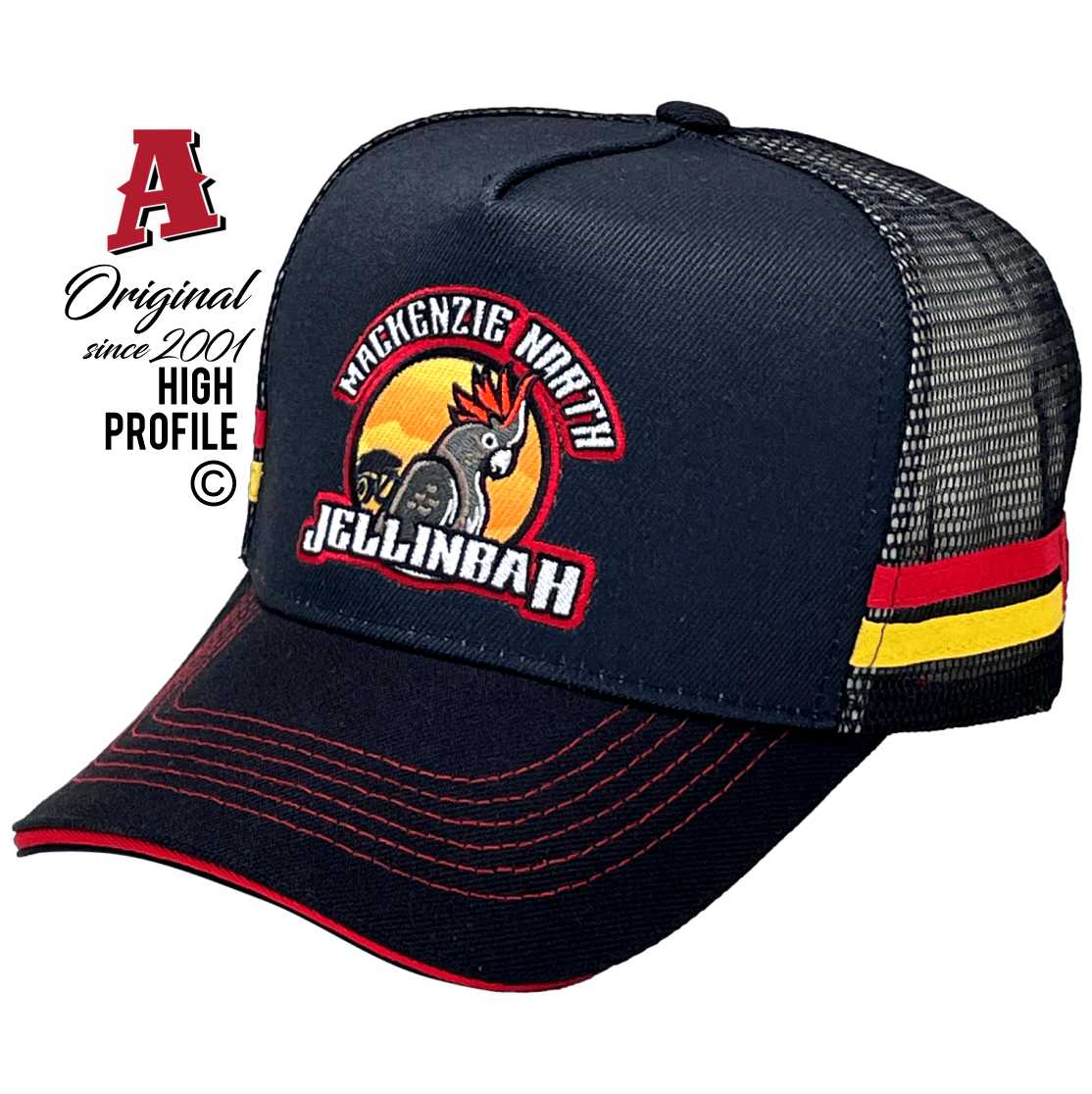 Macckenzie-North-Jellinbah-MacKenzie-River-QLD-4705-Power-Aussie-Trucker-Hats with Dual sideBands & snapback closure black-black-red-yellow