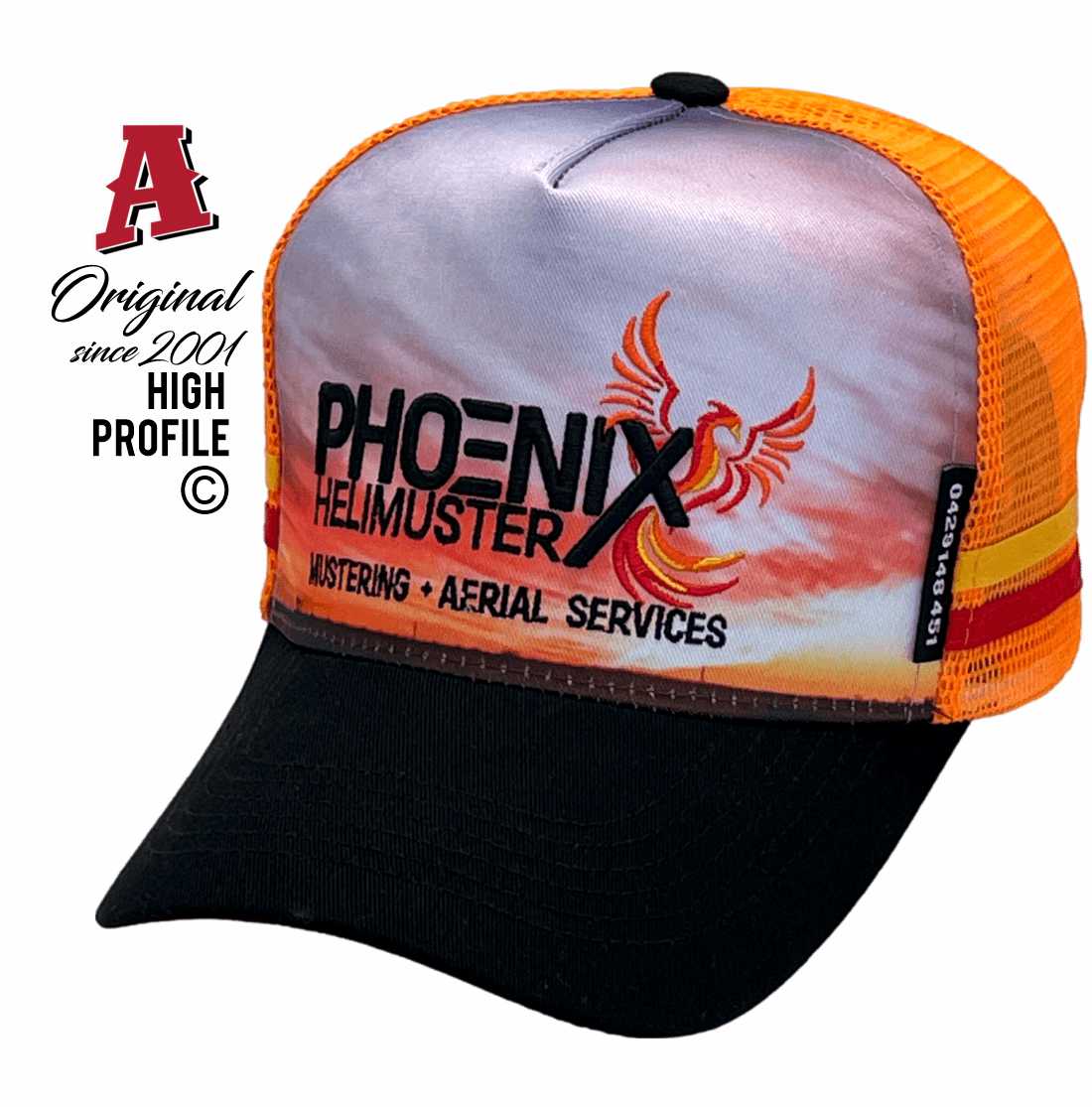 Phpenix Helimuster Greenvale Qld 4814 Power Aussie trucker Hats with sublimated print & embroidery with 2 sideBands & snapback rear adjuster