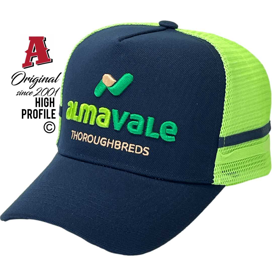 Almavale Thoroughbreds Scone NSW Midrange Aussie Trucker Hats with dual SideBands 3D embroidery & Snapback rear closure Navy Lime Horse Livestock