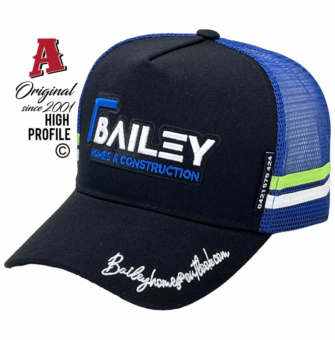 Bailey Homes & Construction Oberon NSW Midrange Aussie Trucker Hats with Aussie HeadFit Crown & 2 sideBands & snapback rear closure